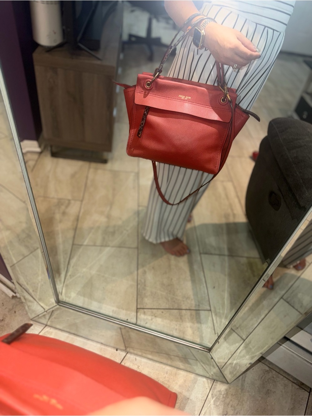 Henri Bendel Orange-Red Pebbled Leather Shoulder Bag with Snakeskin Accent - Picture 11 of 12